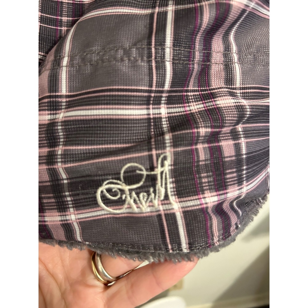 O'Neill Womens Plaid Hooded Puffer Vest Faux Fur Lined Grey Purple Large L - Picture 8 of 8